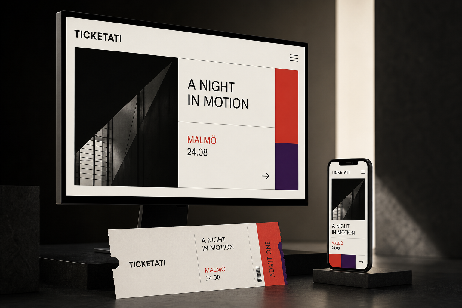 Ticketati event platform shown across desktop, mobile and a printed admission ticket